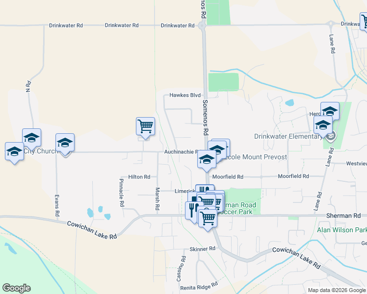 map of restaurants, bars, coffee shops, grocery stores, and more near 3334 Hawkes Place in Duncan