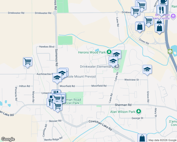 map of restaurants, bars, coffee shops, grocery stores, and more near 3195 Herons Way in Duncan