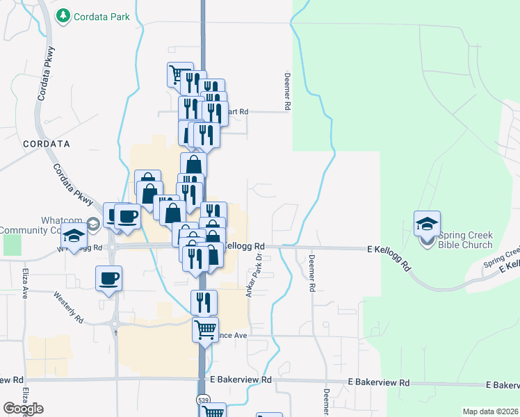 map of restaurants, bars, coffee shops, grocery stores, and more near 4302 Tull Road in Bellingham