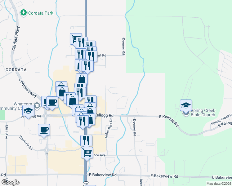 map of restaurants, bars, coffee shops, grocery stores, and more near 4302 Tull Road in Bellingham