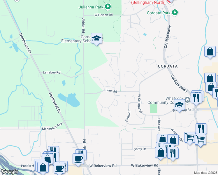 map of restaurants, bars, coffee shops, grocery stores, and more near 4334 Indigo Lane in Bellingham