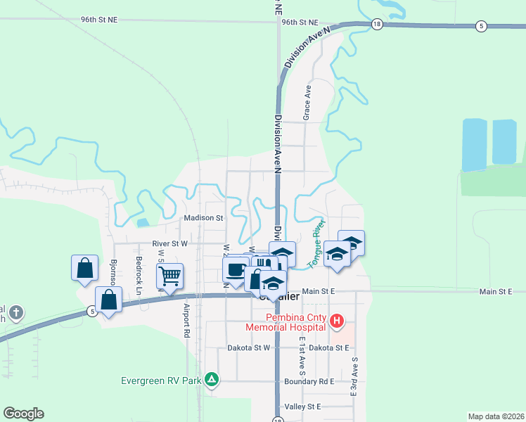 map of restaurants, bars, coffee shops, grocery stores, and more near 439-499 Division Avenue North in Cavalier