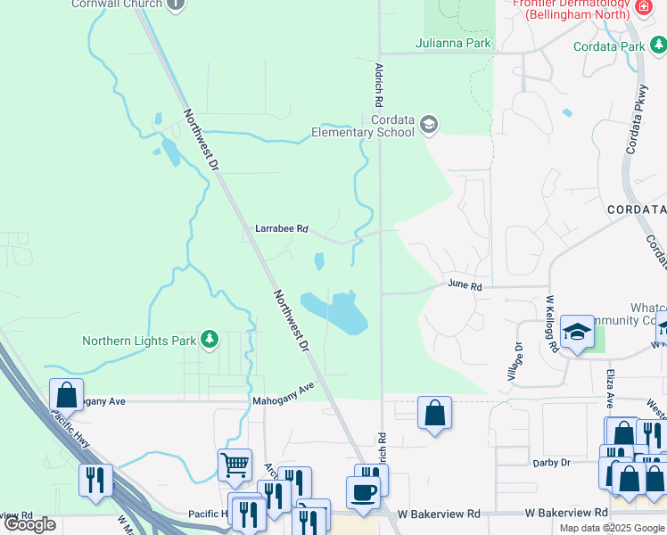 map of restaurants, bars, coffee shops, grocery stores, and more near 553 Larrabee Road in Bellingham