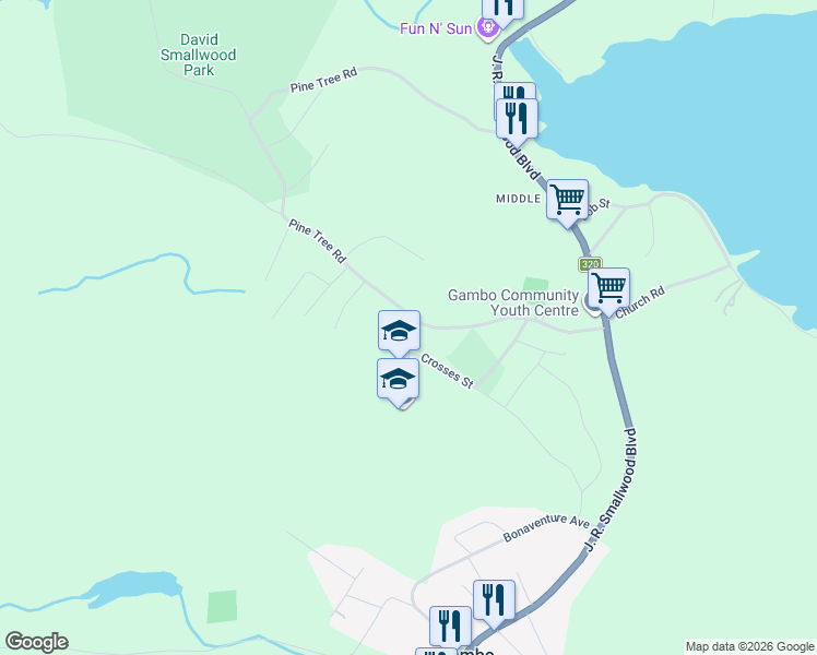 map of restaurants, bars, coffee shops, grocery stores, and more near 34 Pine Tree Road in Gambo