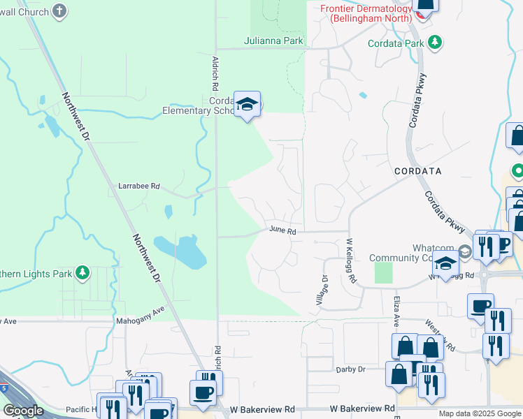 map of restaurants, bars, coffee shops, grocery stores, and more near 4334 Indigo Lane in Bellingham