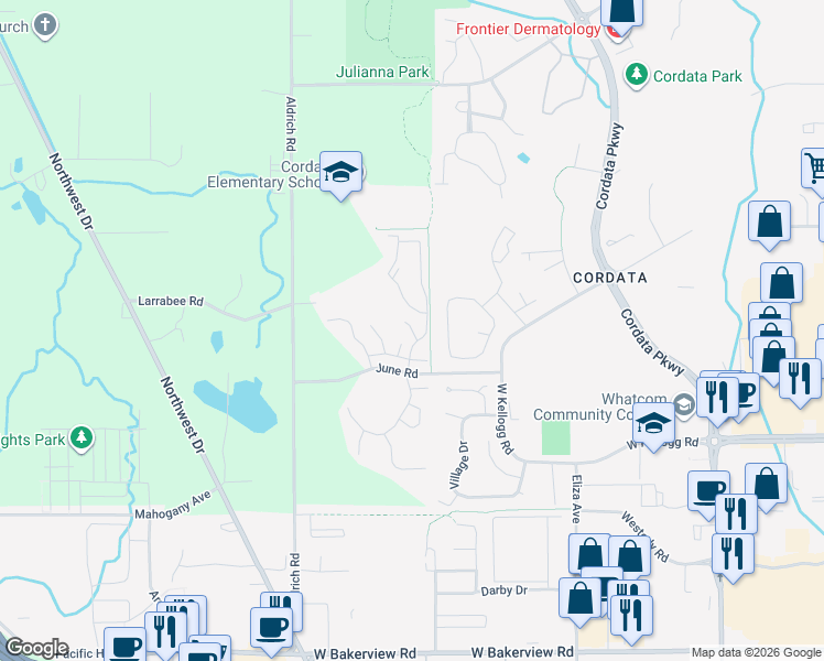 map of restaurants, bars, coffee shops, grocery stores, and more near Larch Lane in Bellingham