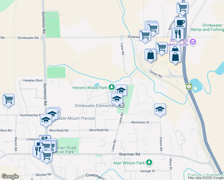 map of restaurants, bars, coffee shops, grocery stores, and more near 3101 Herons Way in Duncan