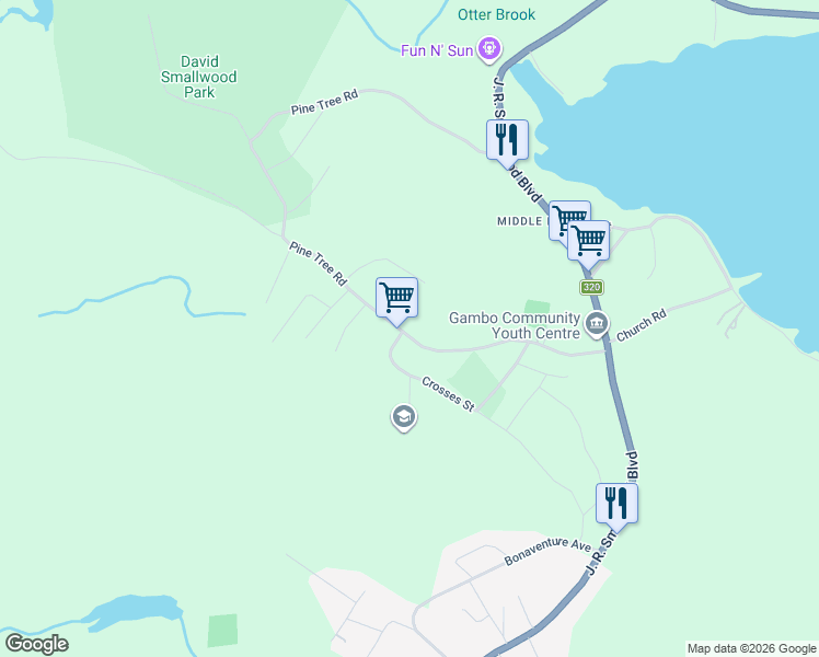 map of restaurants, bars, coffee shops, grocery stores, and more near 34 Pine Tree Road in Gambo