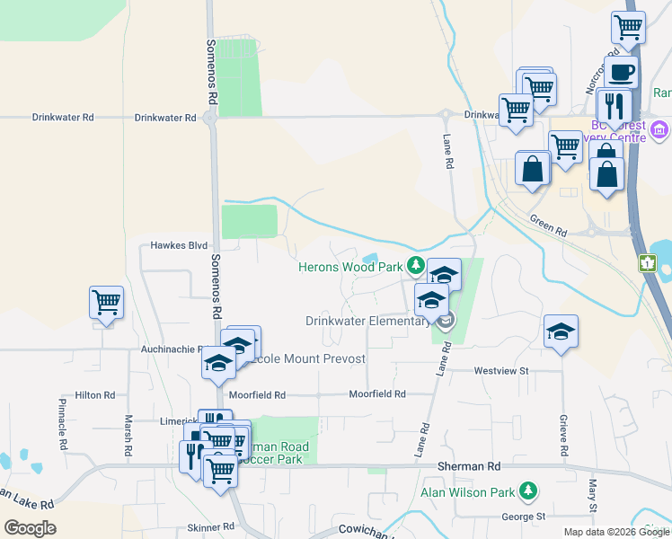map of restaurants, bars, coffee shops, grocery stores, and more near 6326 Ardea Place in Duncan