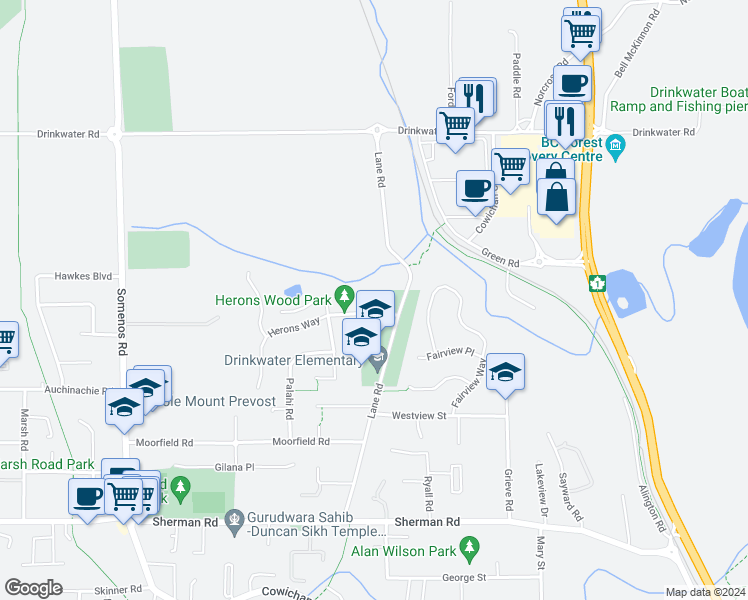 map of restaurants, bars, coffee shops, grocery stores, and more near 3101 Herons Way in Duncan
