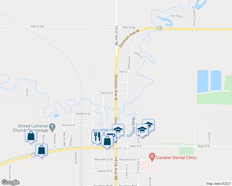 map of restaurants, bars, coffee shops, grocery stores, and more near 601 Division Avenue North in Cavalier