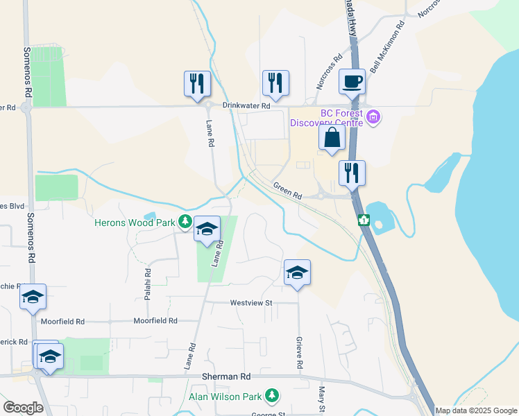 map of restaurants, bars, coffee shops, grocery stores, and more near 6275 Fairview Way in Duncan