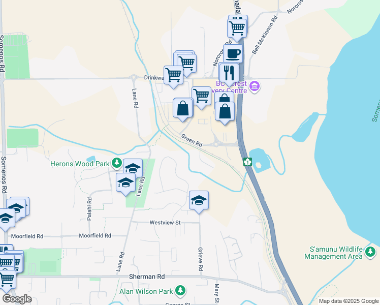 map of restaurants, bars, coffee shops, grocery stores, and more near 6275 Fairview Way in Duncan