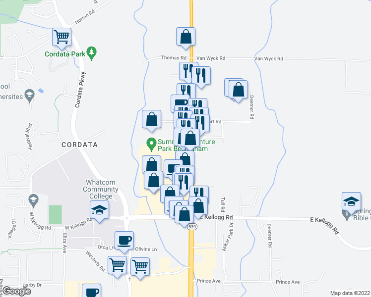 map of restaurants, bars, coffee shops, grocery stores, and more near 4357 Meridian Street in Bellingham