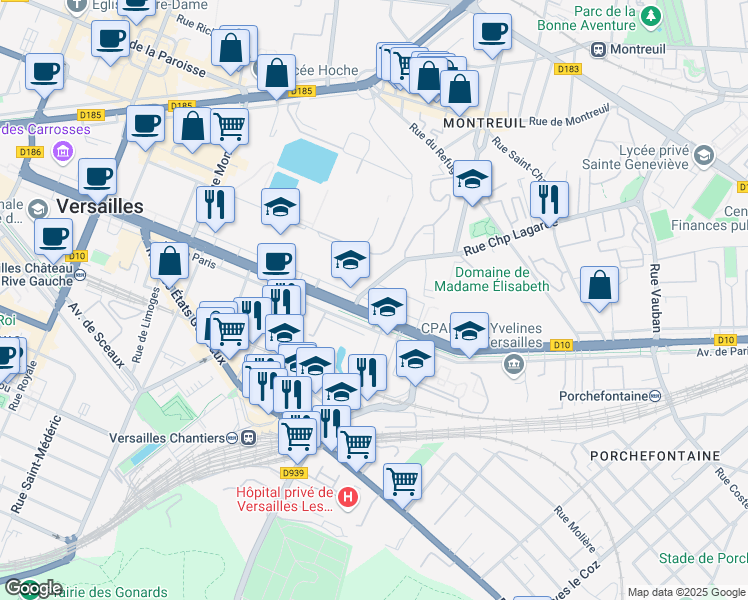 map of restaurants, bars, coffee shops, grocery stores, and more near 55 Avenue de Paris in Versailles