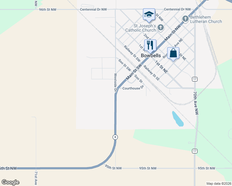 map of restaurants, bars, coffee shops, grocery stores, and more near Highway 8 in Bowbells