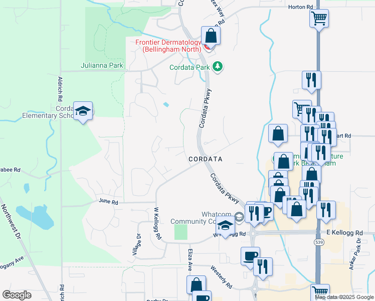 map of restaurants, bars, coffee shops, grocery stores, and more near 4400 Columbine Drive in Bellingham
