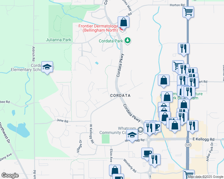 map of restaurants, bars, coffee shops, grocery stores, and more near 4400 Columbine Drive in Bellingham