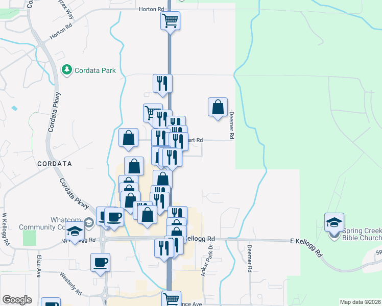 map of restaurants, bars, coffee shops, grocery stores, and more near 200 East Stuart Road in Bellingham