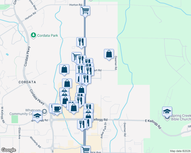map of restaurants, bars, coffee shops, grocery stores, and more near 200 East Stuart Road in Bellingham