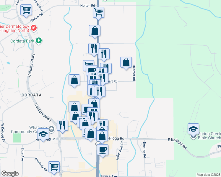 map of restaurants, bars, coffee shops, grocery stores, and more near 200 East Stuart Road in Bellingham