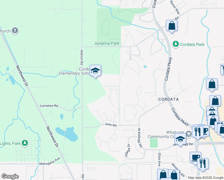 map of restaurants, bars, coffee shops, grocery stores, and more near 4355 Water Lily Loop in Bellingham