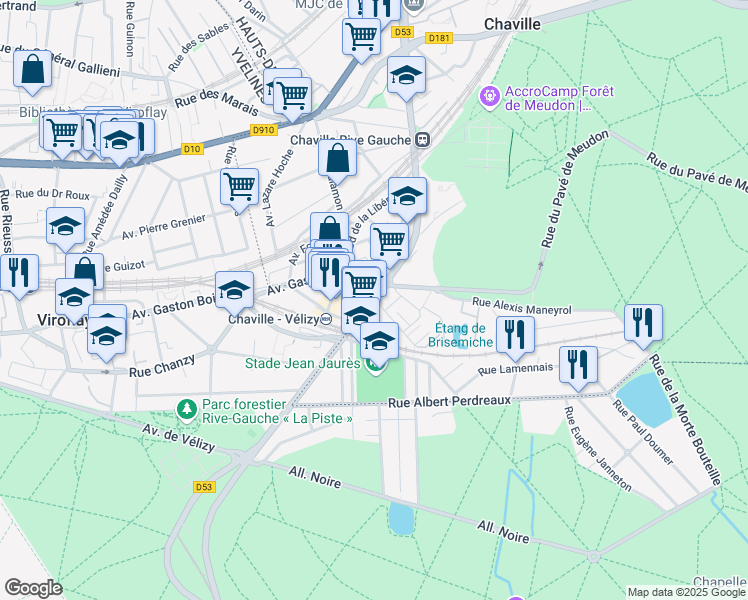 map of restaurants, bars, coffee shops, grocery stores, and more near 27 Rue de Jouy in Chaville