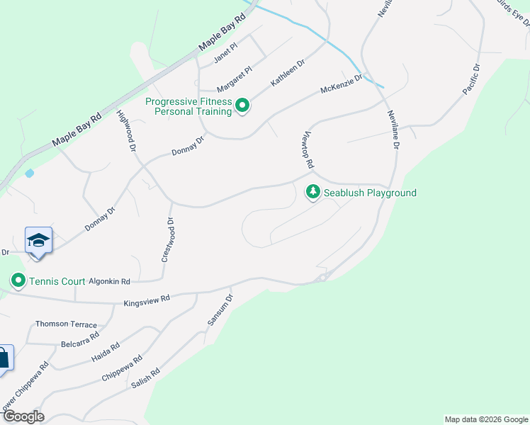 map of restaurants, bars, coffee shops, grocery stores, and more near Woodrush Drive in Cowichan Valley