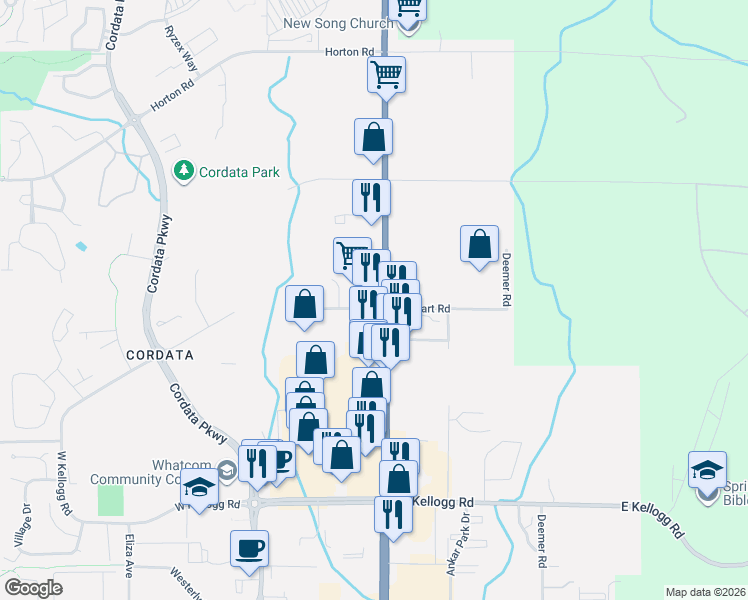 map of restaurants, bars, coffee shops, grocery stores, and more near 102 West Stuart Road in Bellingham