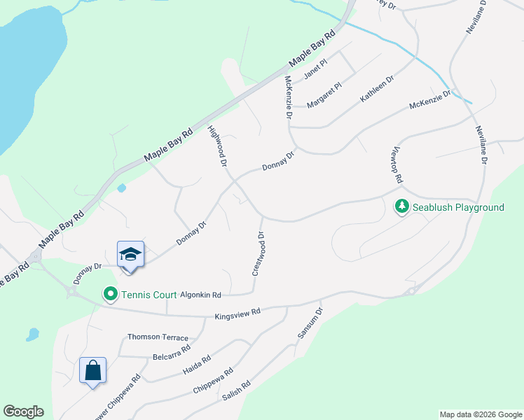 map of restaurants, bars, coffee shops, grocery stores, and more near 6333 Highwood Drive in Duncan