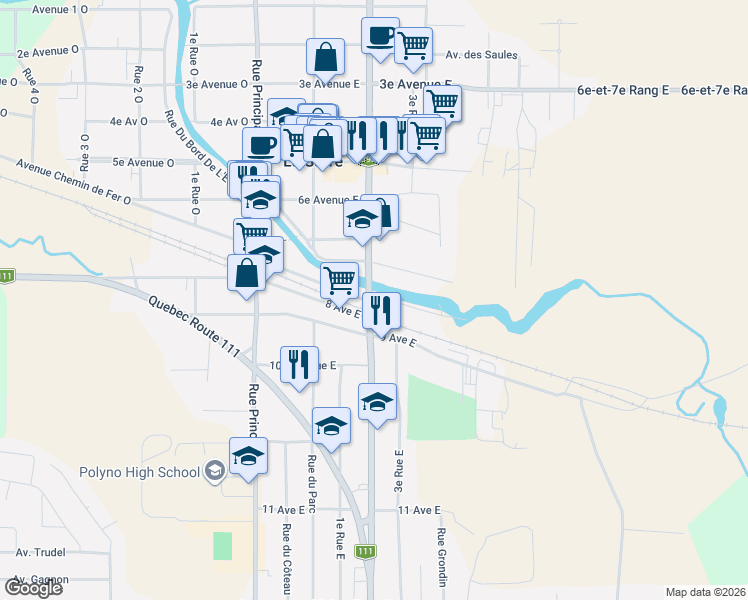 map of restaurants, bars, coffee shops, grocery stores, and more near 357 2e Rue Est in La Sarre
