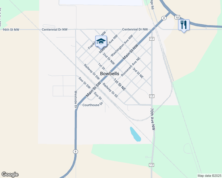 map of restaurants, bars, coffee shops, grocery stores, and more near 201-299 Railway Street Southeast in Bowbells
