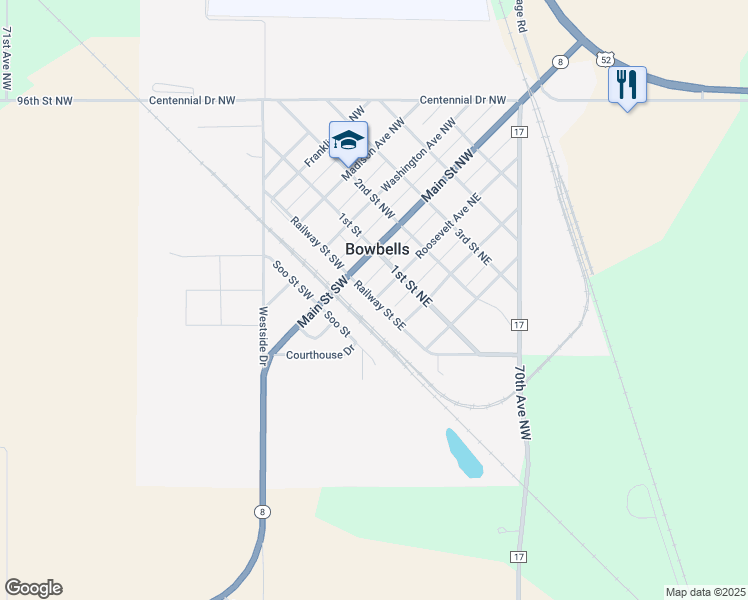 map of restaurants, bars, coffee shops, grocery stores, and more near 201 Railway Street Southeast in Bowbells