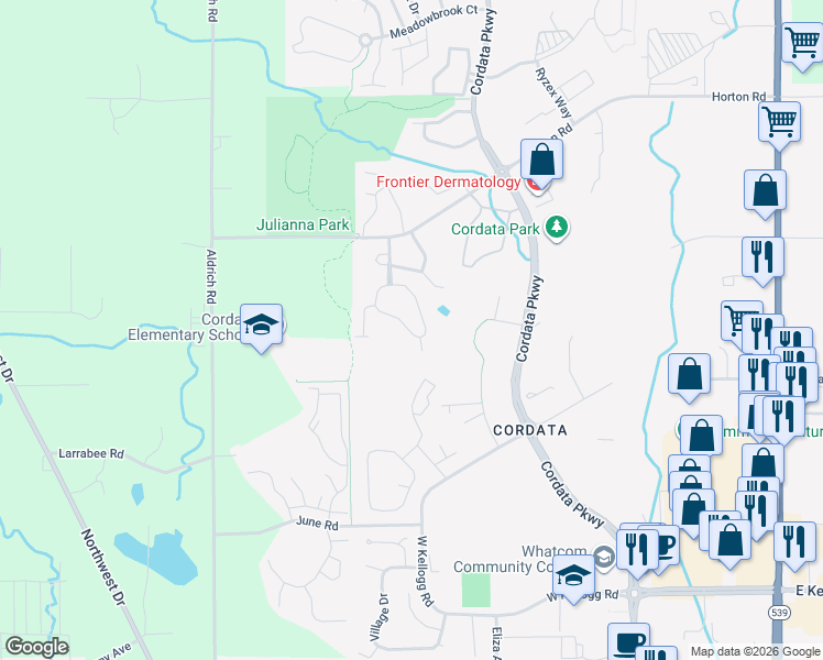 map of restaurants, bars, coffee shops, grocery stores, and more near 4242 Wintergreen Circle in Bellingham