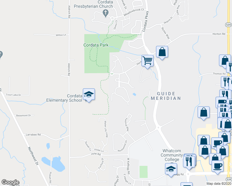 map of restaurants, bars, coffee shops, grocery stores, and more near 4283 Wintergreen Lane in Bellingham