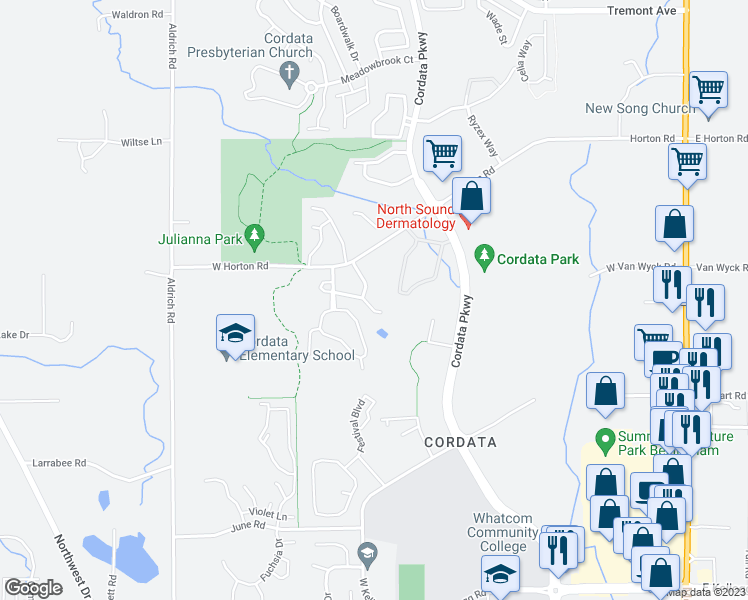 map of restaurants, bars, coffee shops, grocery stores, and more near 627 West Horton Way in Bellingham