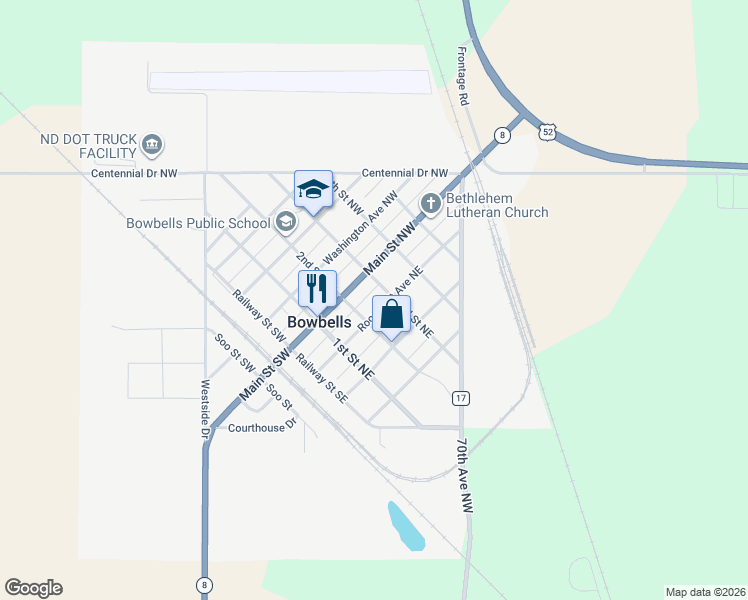 map of restaurants, bars, coffee shops, grocery stores, and more near 150-198 3rd Street Northeast in Bowbells