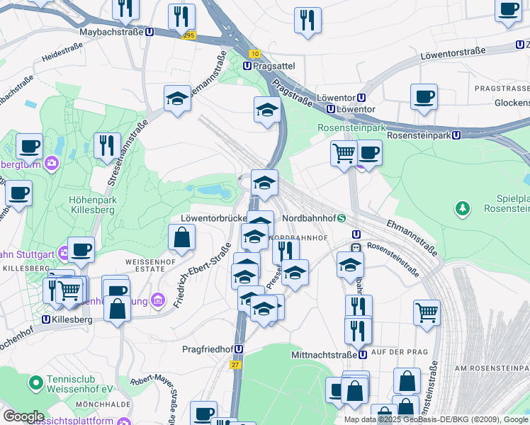map of restaurants, bars, coffee shops, grocery stores, and more near 190 Heilbronner Straße in Stuttgart