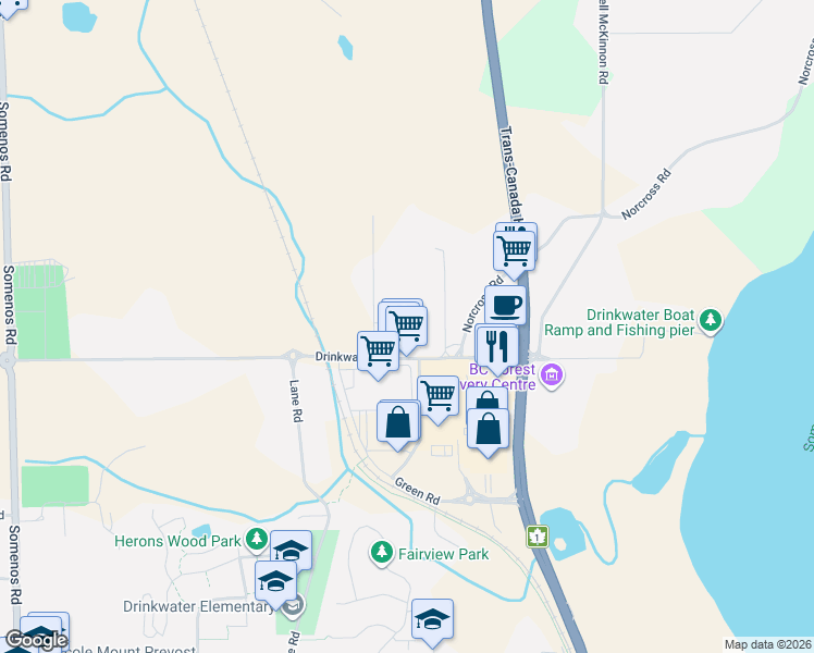 map of restaurants, bars, coffee shops, grocery stores, and more near 2999 Drinkwater Road in Duncan