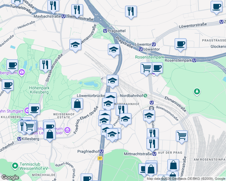 map of restaurants, bars, coffee shops, grocery stores, and more near 190 Heilbronner Straße in Stuttgart