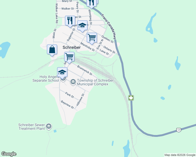 map of restaurants, bars, coffee shops, grocery stores, and more near 119 Brunswick Street in Schreiber