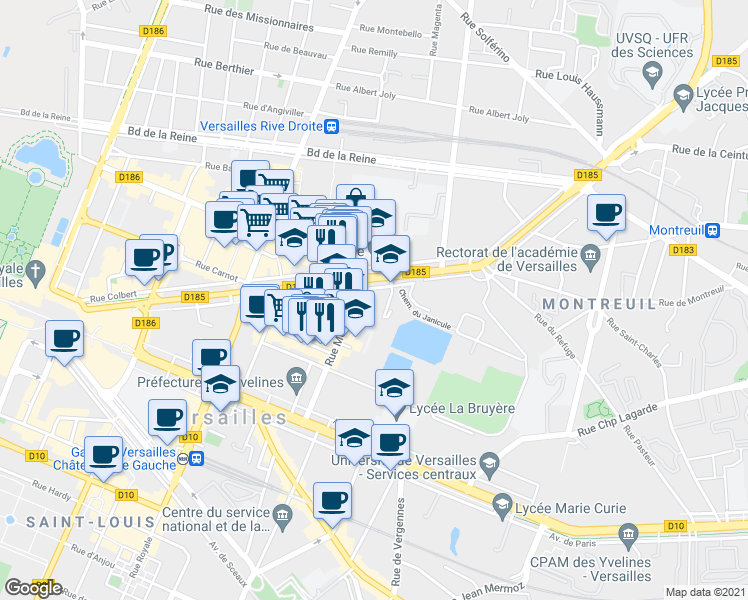 map of restaurants, bars, coffee shops, grocery stores, and more near 52 Avenue de Saint-Cloud in Versailles