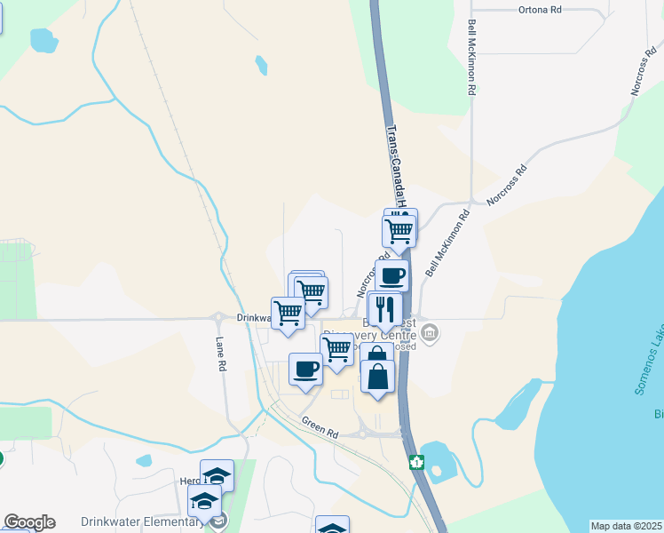 map of restaurants, bars, coffee shops, grocery stores, and more near 6428 Paddle Road in Duncan