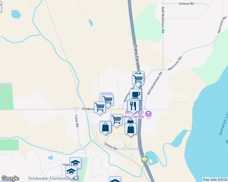 map of restaurants, bars, coffee shops, grocery stores, and more near 6472 Paddle Road in Duncan