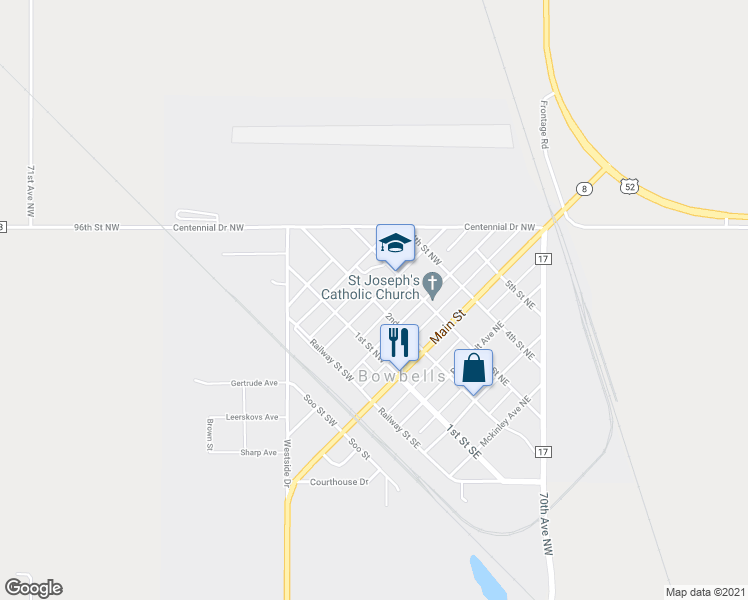 map of restaurants, bars, coffee shops, grocery stores, and more near 200 Madison Avenue Northwest in Bowbells