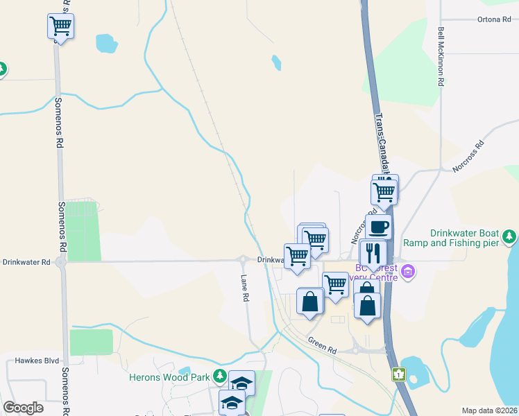 map of restaurants, bars, coffee shops, grocery stores, and more near 3045 Drinkwater Road in Duncan