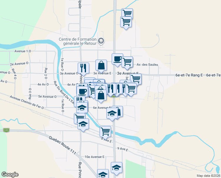 map of restaurants, bars, coffee shops, grocery stores, and more near 226 2e Rue Est in La Sarre