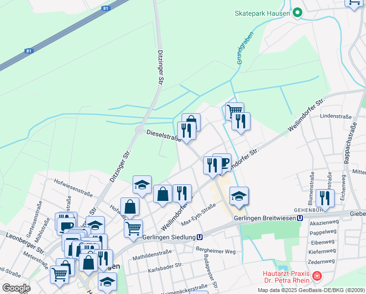 map of restaurants, bars, coffee shops, grocery stores, and more near 31 Dieselstraße in Gerlingen