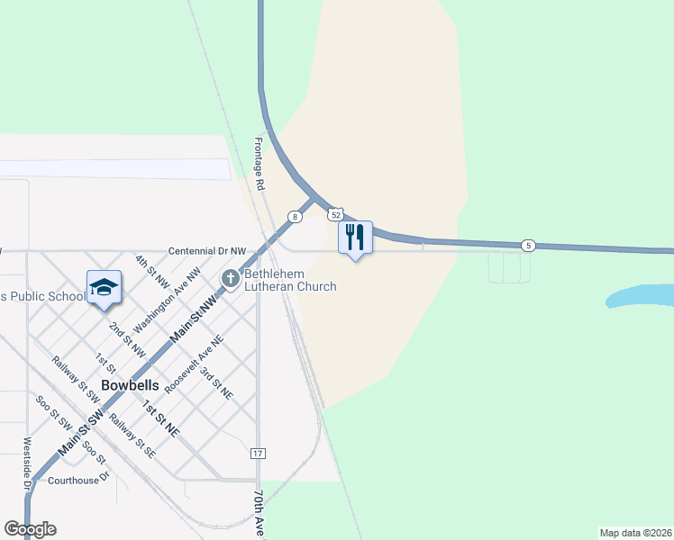 map of restaurants, bars, coffee shops, grocery stores, and more near 128-158 Frontage Road in Bowbells