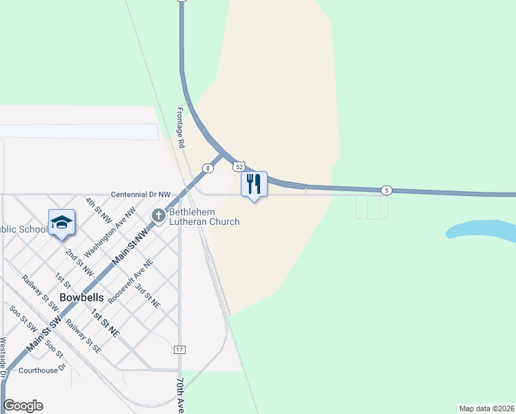 map of restaurants, bars, coffee shops, grocery stores, and more near 128-158 Frontage Road in Bowbells